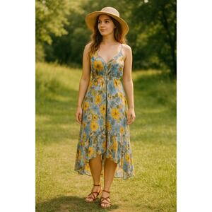 Cottagecore Boho Coquette Blue Yellow Floral Ruffle Smocked Midi S Sundress NWT